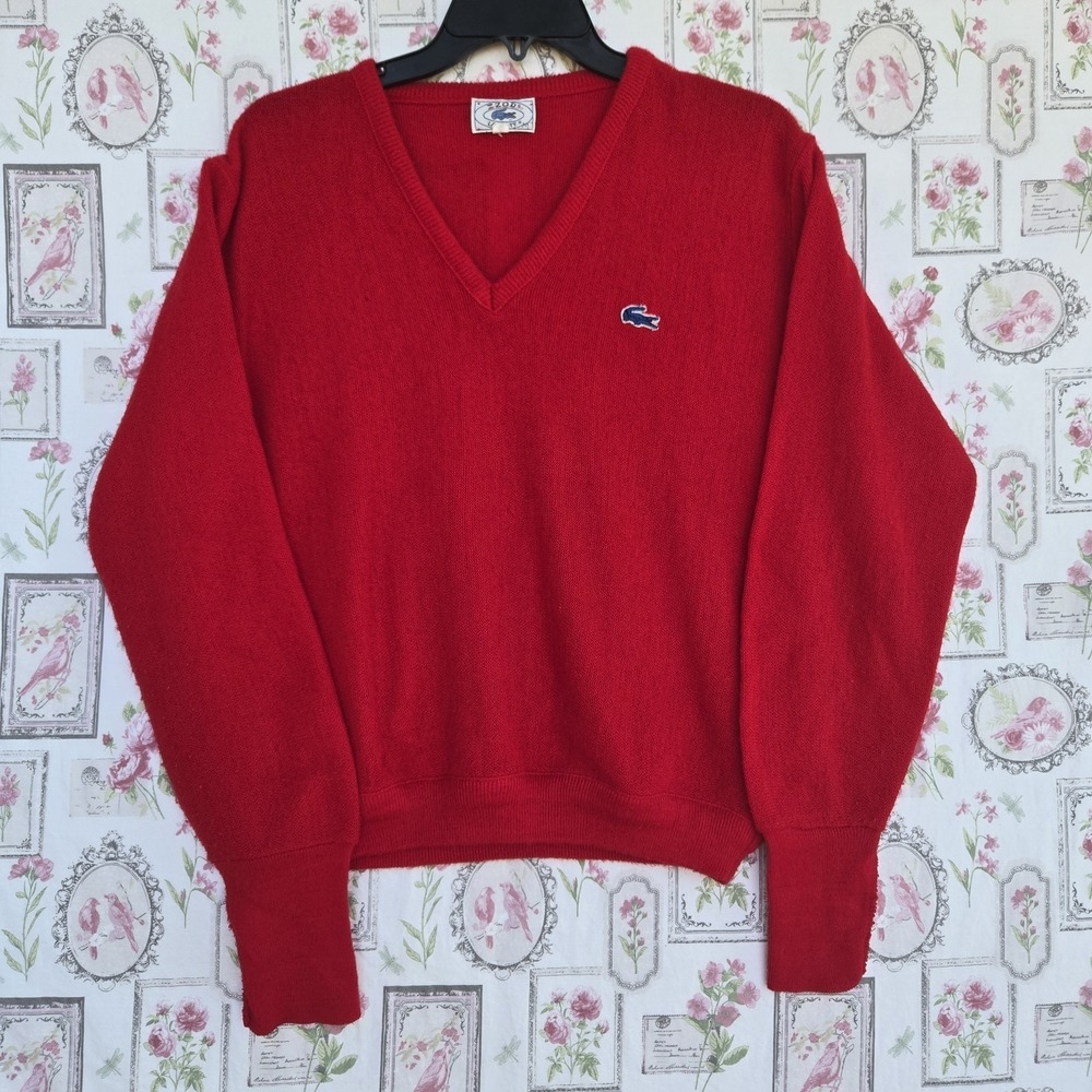Vtg 80s‎ Izod Lacoste Red V Neck Sweater Mens Small USA Preppy Blue Gator